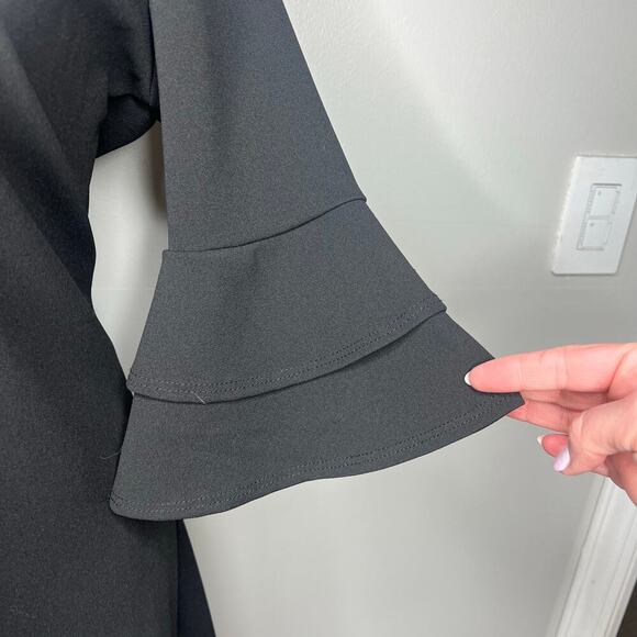 Women's Black Bell Sleeve Mini Dress V-Neck Size M. Stretch A-Line LBD Witchy - Picture 3 of 9